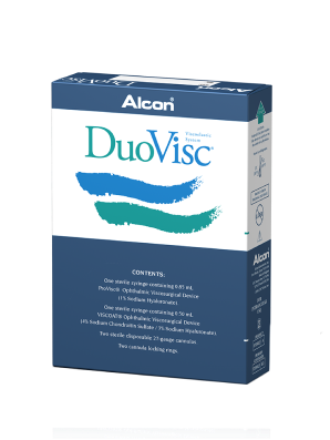 Alcon’s DuoVisc OVD product box. This product contains 0.50 ml of Viscoat and 0.85 ml of ProVisc.