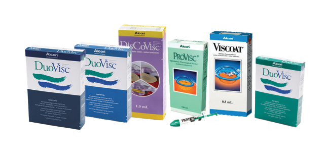 Product shots of Alcon’s Ophthalmic Viscosurgical Devices: DuoVisc, DisCoVisc, ProVisc, Viscoat, DuoVisc.  