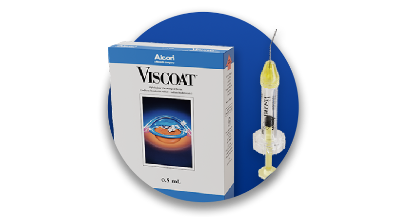 Alcon’s Viscoat OVD product and product box on a blue circle background.