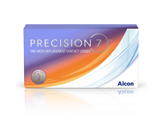 Verpakking van PRECISION7® wekelijkse vervangingscontactlenzen van Alcon, met ACTIV-FLO® systeem voor langdurig comfort en helder zicht.
