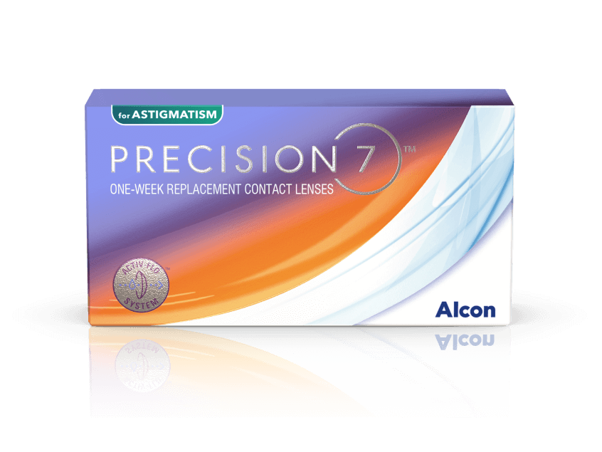 Verpakking van PRECISION7® for Astigmatism wekelijkse vervangingscontactlenzen van Alcon met ACTIV-FLO® systeem voor comfort en helder zicht.