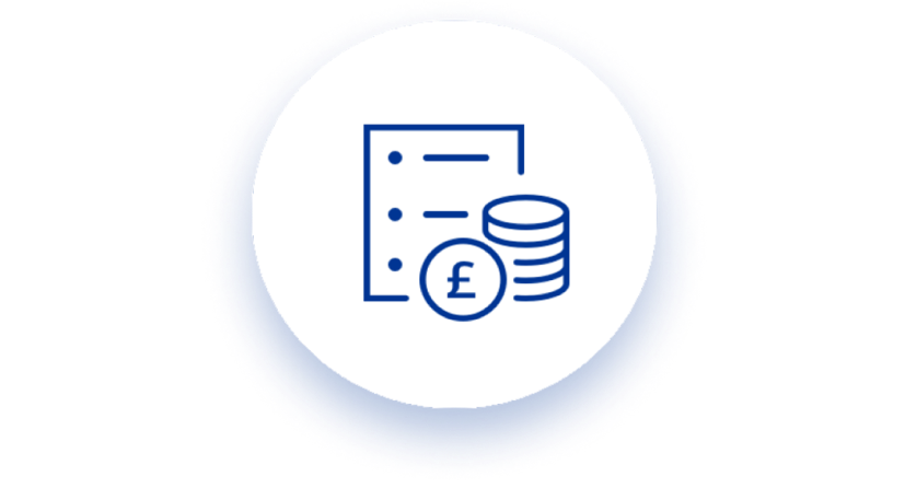Icon of a checklist with stacked coins and a pound symbol