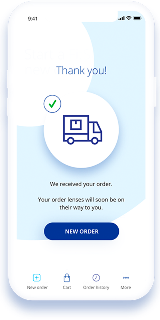 FitSCAN app order confirmation screen showing a delivery truck icon, thank you message, and option to place a new order