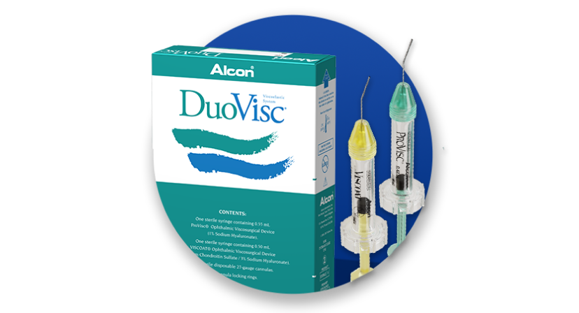Producto OVD de Alcon y caja de producto con fondo que es un círculo azul.