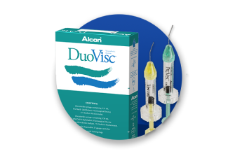 Producto OVD de Alcon y caja de producto con fondo que es un círculo azul.