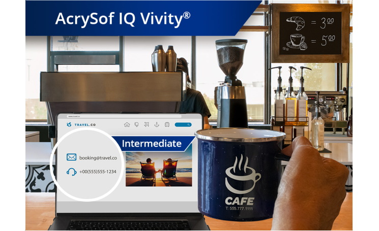 Clear image of a coffee shop with a view from the counter of coffee machines and other ingredients. A laptop is open on the countertop and an individual’s hand holds up a coffee mug to the right of the laptop screen. White text at the top left corner of this image reads “AcrySof IQ Vivity.”