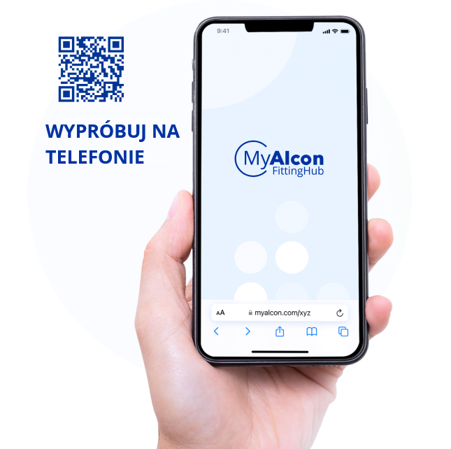 Obraz telefonu z logo MyAlcon FittingHub i kodem QR