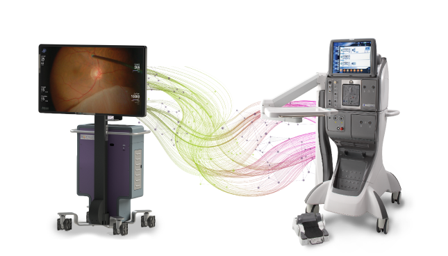 O Sistema de Visualização NGENUITY 3D e o CONSTELLATION Vision System sobre um fundo branco com linhas verdes e rosa entre si que representam a integração DATAFUSION.
