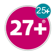 Círculo de cor rosa que diz 27+. Em cima à direita, num pequeno círculo verde pode ler-se 25+.