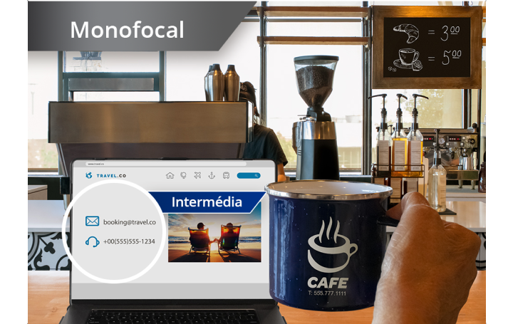 Imagem ligeiramente desfocada de uma cafetaria com vista do balcão das máquinas de café e outros produtos. Um computador portátil está aberto na bancada e a mão de uma pessoa segura uma caneca de café à direita do ecrã do portátil. O texto a branco no canto superior esquerdo desta imagem diz "Monofocal".
