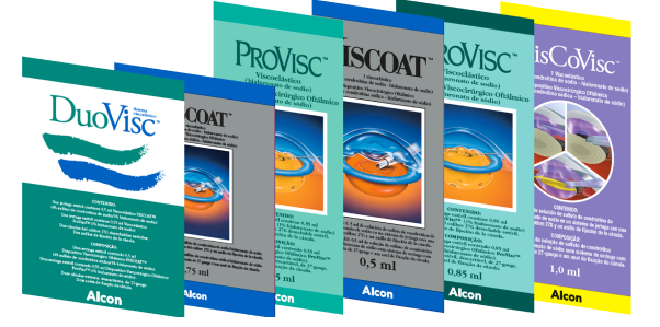 Imagem dos Dispositivos Viscocirúrgicos Oftálmicos: DuoVisc, DisCoVisc, ProVisc, Viscoat, DuoVisc.