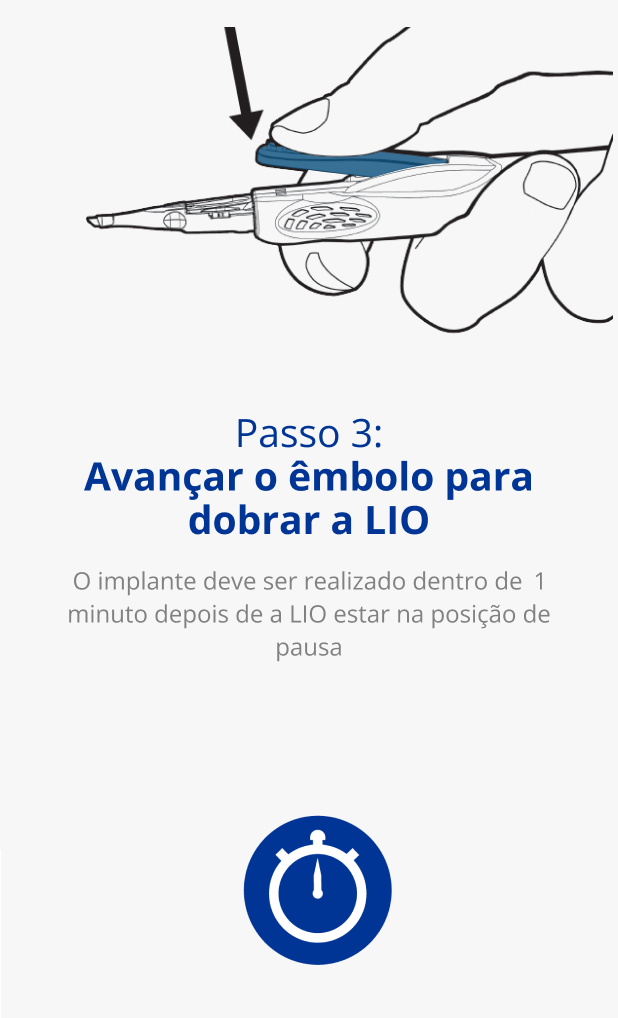 Ilustração de uma mão a segurar o Injetor AutonoMe. Uma seta preta aponta para o dispositivo para indicar um movimento de empurrar para baixo.  Ícone azul de um relógio.  