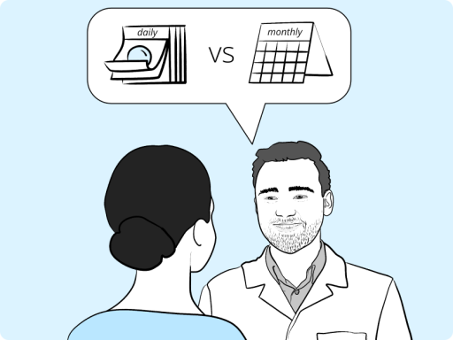 Woman talking to eye care professional about daily or monthly contact lenses