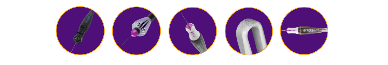 Imaginea gamei de produse Alcon 25+/27+ pe fundal violet. Sonda laser Vektor, Finesse Reflex, sonda Advanced Ultravit, Finesse Sharkskin, sonda Hypervit.