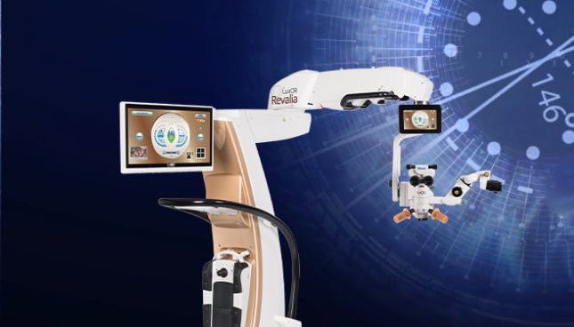 Microscop oftalmologic LuxOR Revalia pe un fundal albastru închis.