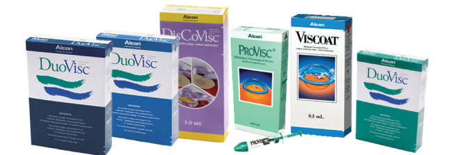 Imagini de produs cu dispozitivele viscochirurgicale oftalmice de la Alcon: DuoVisc, DisCoVisc, ProVisc, Viscoat, DuoVisc.