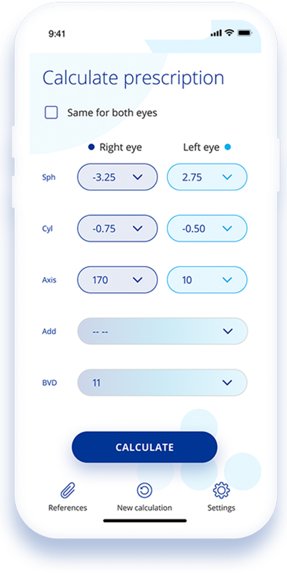 FittingHub app screen showing prescription input fields for sphere, cylinder, axis, add, and BVD values for both eyes, with a Calculate button