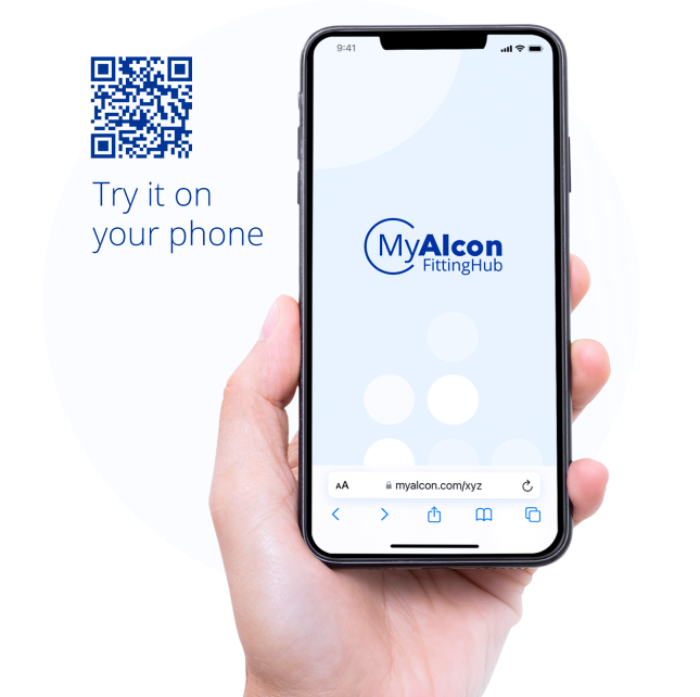 Mobile phone displaying MyAlcon FittingHub with a QR code for quick access, and a message reading, “Try it on your phone.”