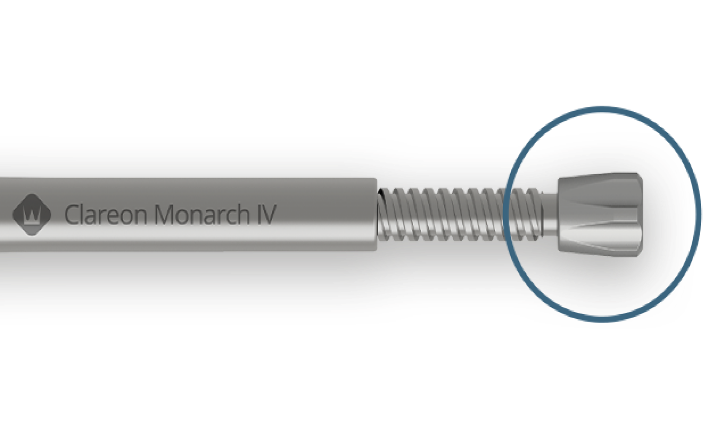 Clareon Monarch IV Handpiece sits horizontally. A blue circle is placed on the enlarged twist knob to draw focus.