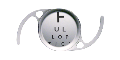 Close up of an enVista IOL with letters behind it, showing limited use of the 4.9 mm aspheric optic.