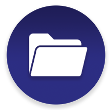 White icon of a folder on a blue circle.