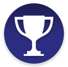 White icon of a trophy on a blue circle.