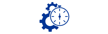 A blue icon of two gears and a stopwatch.