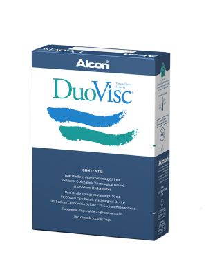 Alcon’s DuoVisc OVD product box. This product contains 0.50 ml of Viscoat and 0.85 ml of ProVisc.