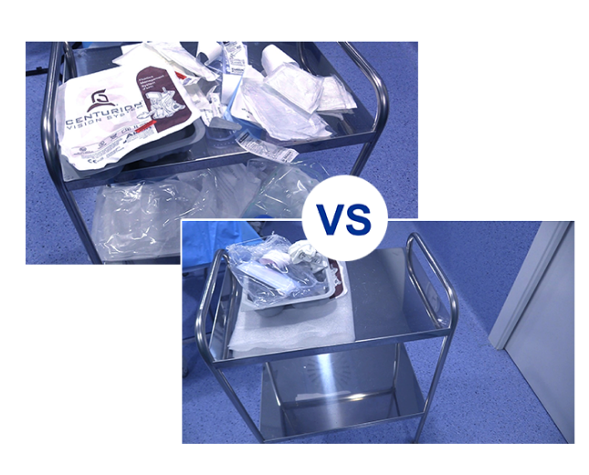 Two images divided by blue text that reads “VS” to show a comparison. The first image shows a surgical cart filled with discarded packaging from standalone products. The second image shows a surgical cart with much less packaging after Custom-Pak® has been used.