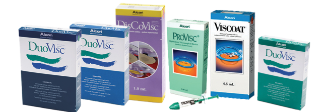 Product shots of Alcon’s Ophthalmic Viscosurgical Devices: DuoVisc, DisCoVisc, ProVisc, Viscoat, DuoVisc