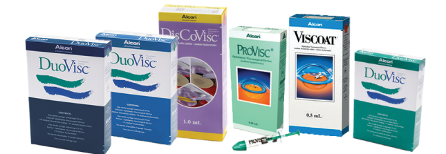 Product shots of Alcon’s Ophthalmic Viscosurgical Devices: DuoVisc, DisCoVisc, ProVisc, Viscoat, DuoVisc