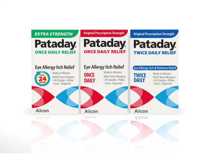 Pataday allergy eye drops product boxes for Pataday Extra Strength, Original Prescription Strength, and Original Prescription Strength Twice Daily Relief by Alcon