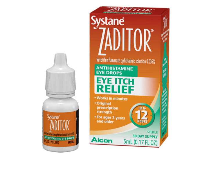 Systane Zaditor eye itch relief antihistamine eye drops vial carton and product box by Alcon