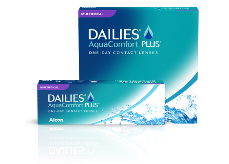 DAILIES AquaComfort Plus daily multifocal contact lenses product boxes