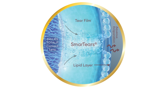 Dailies Total1 for Asitgmatism Contact Lens surface SmarTears technology releasing natural ingredient into lipid layer of tear film releasing Aqueous Evaporation