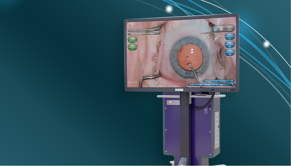 An image of the NGENUITY 3D Visualization System with a monitor displaying a close-up view of eye surgery. The device appears on a teal background