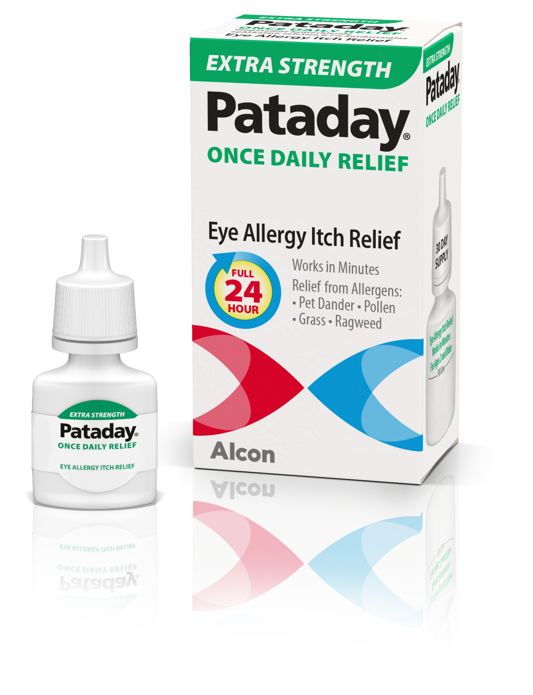 bottle and product box for Extra Strength Pataday eye allergy itch relief drops by Alcon