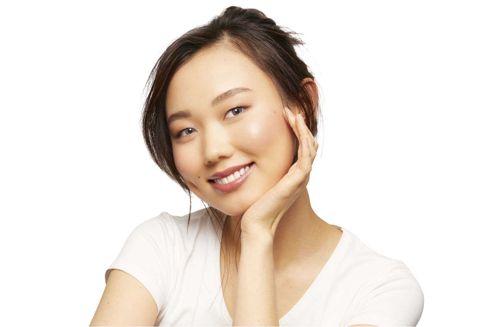 woman with dark brown hair pulled up and white t-shirt wearing Air Optix Colors color contact lenses in the color, Gray