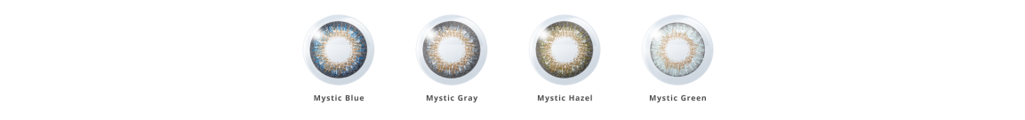 Dailies Colors contact lens color comparison: Mystic Blue, Mystic Gray, Mystic Hazel, Mystic Green.