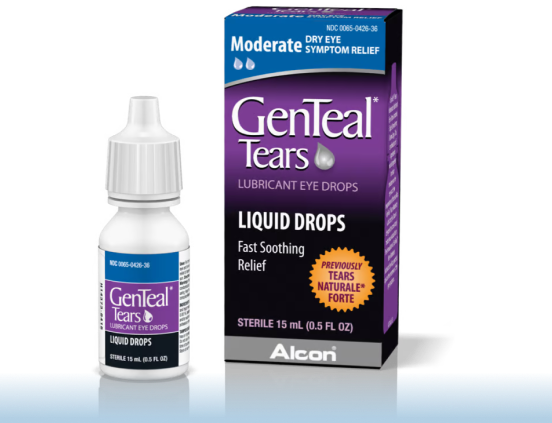 Multi-dose bottle and product box for GenTeal Tears Moderate Dry Eye Symptom Relief Lubricant Eye Drops by Alcon