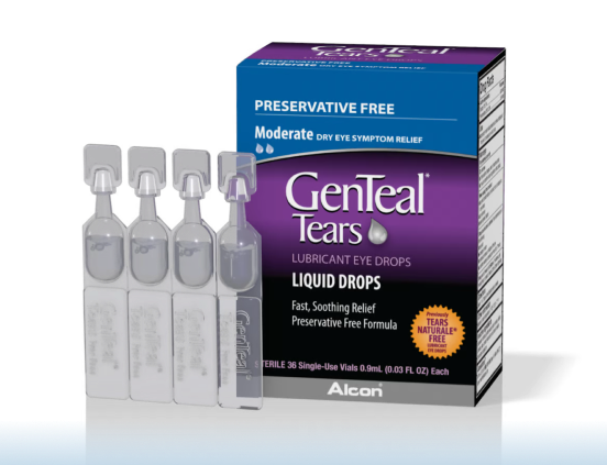 Single-dose vials and product box for GenTeal Tears Moderate Dry Eye Symptom Relief Preservative-Free Lubricant Eye Drops by Alcon