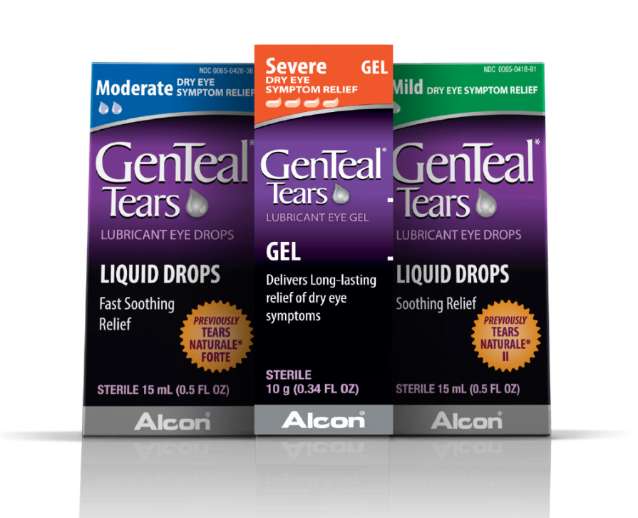Product box shots for GenTeal Tears Moderate Dry Eye Symptom Relief Eye Drops, Severe Dry Eye Symptom Relief Gel, and Mild Dry Eye Symptom Relief Eye Drops by Alcon