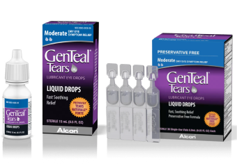 Product packaging, multi-dose bottle, and single dose vials for GenTeal Tears Moderate Dry Eye Symptom Relief Lubricant Eye Drops by Alcon