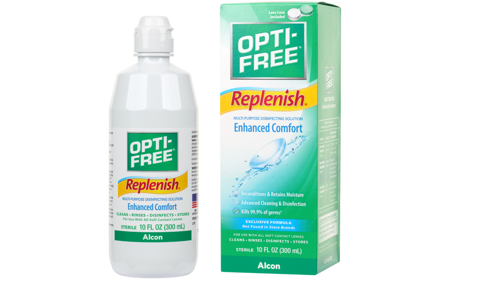 Product bottle and box for Opti-free Replenish Enhanced Comfort contact lens solution