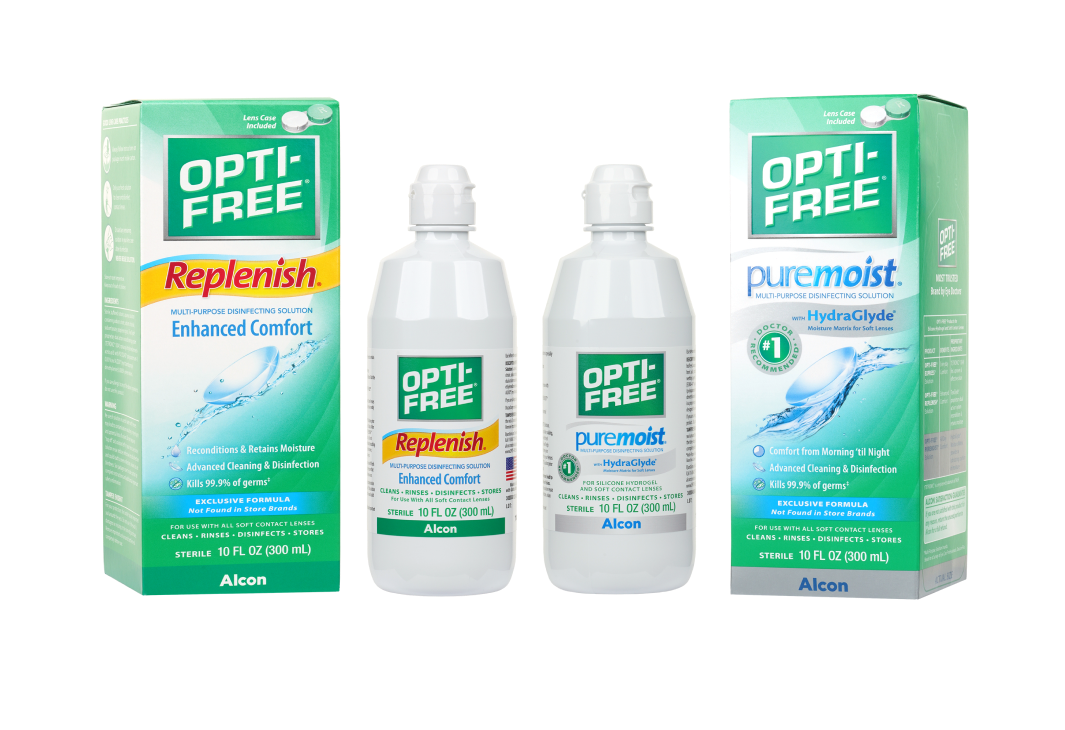 Product boxes and bottles for Opti-free Replenish and Puremoist contact lens solutions by Alcon