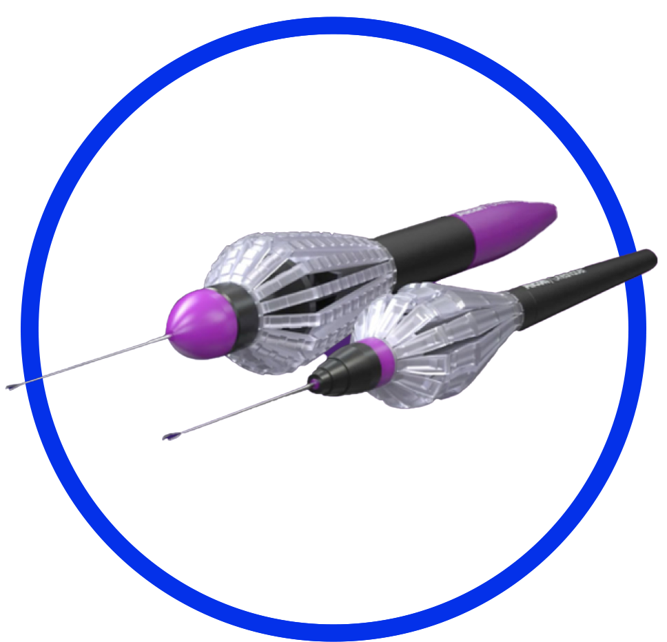 An image of the FINESSE REFLEX Handle next to an image of the FINESSE SHARKSKIN ILM Forceps. The two devices are side by side and appear on a white background inside a blue circle.