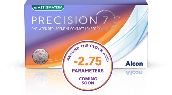 product box for Precision7 for Astigmatism one-week replacement contact lenses