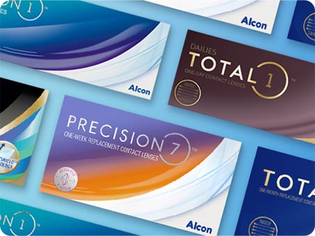 A collection of Alcon contact lens packaging, including Precision1, Precision7, and Dailies Total1