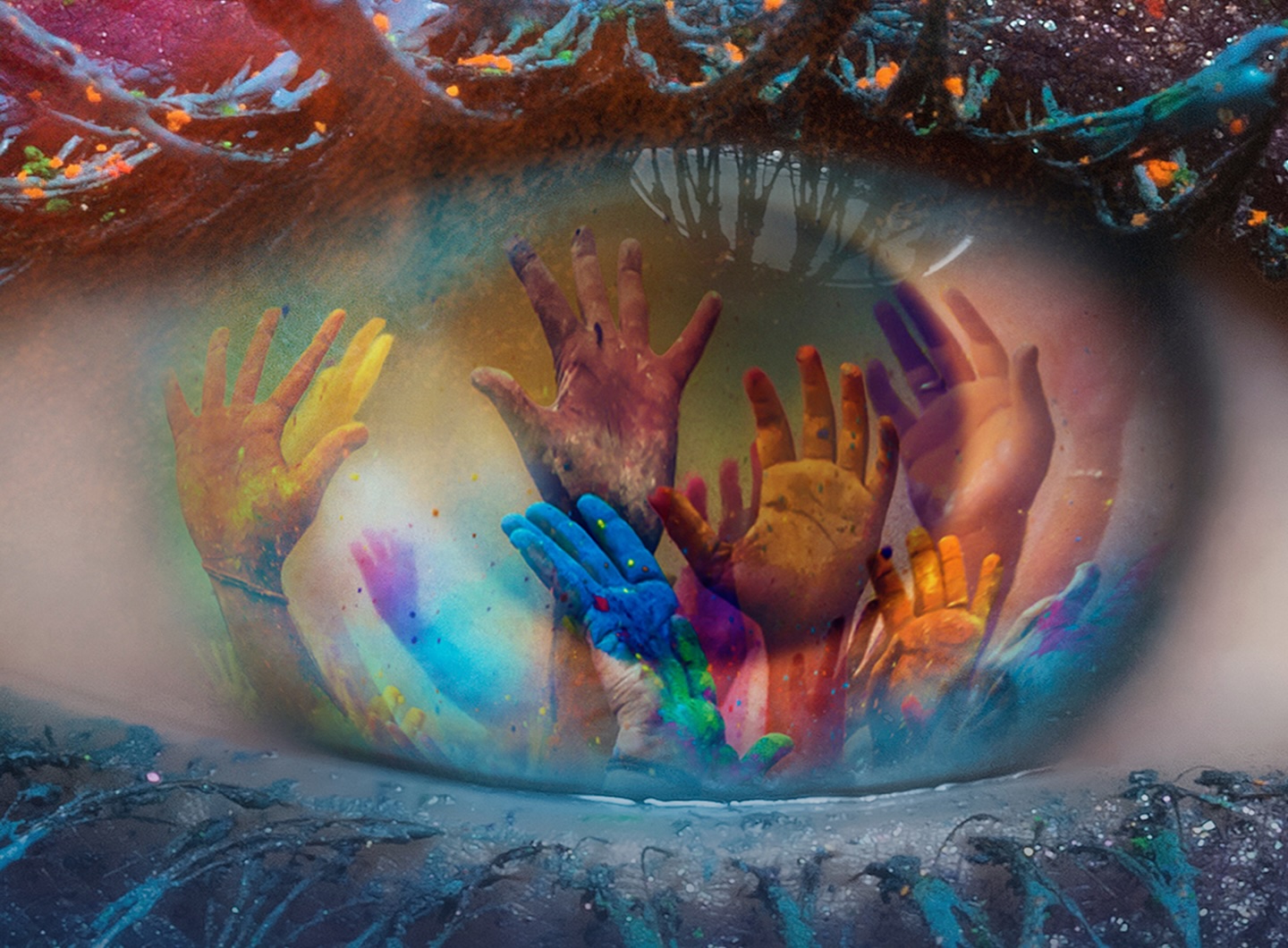 Close-up of an eye with a reflection of colourful hands