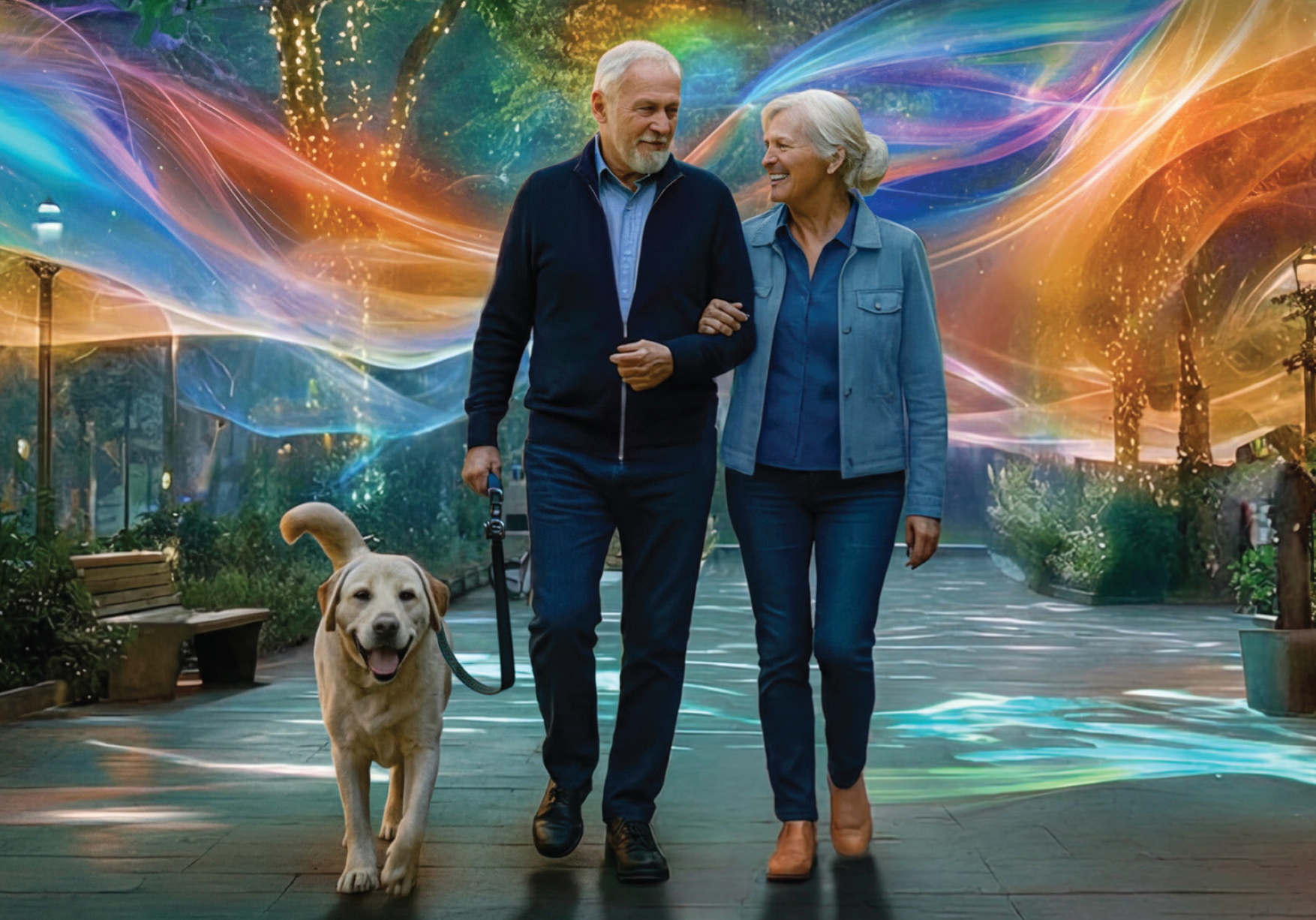 Couple walking a dog